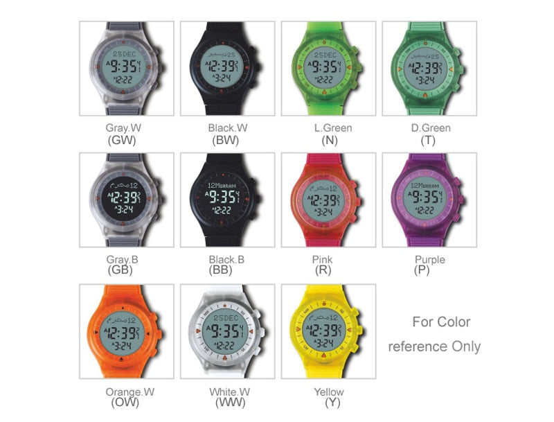 NEON COLOURED CASUAL SPORTY AZAN WRIST WATCH WITH PRAYER ALARM QIBLA AND HIJRI CALENDAR