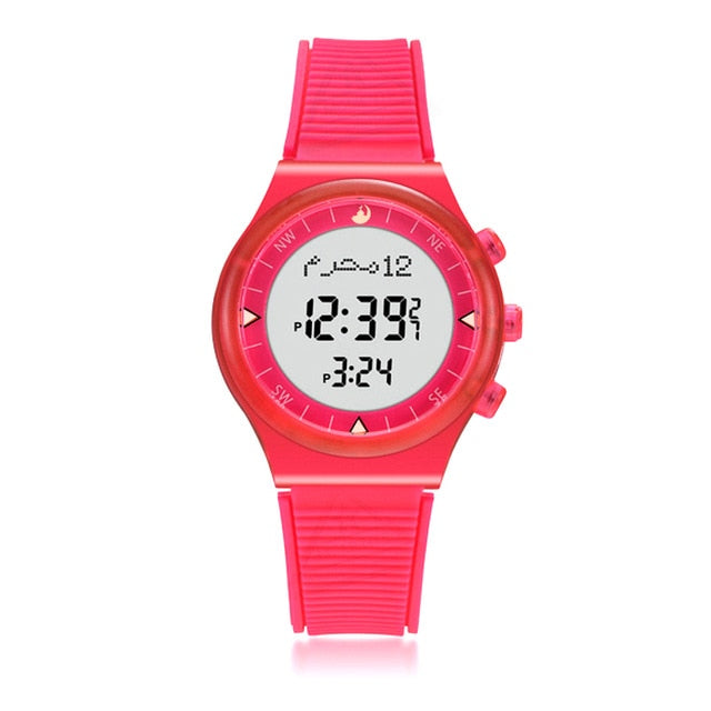 NEON COLOURED CASUAL SPORTY AZAN WRIST WATCH WITH PRAYER ALARM QIBLA AND HIJRI CALENDAR