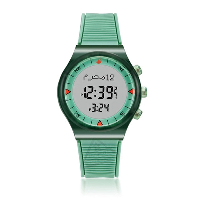 NEON COLOURED CASUAL SPORTY AZAN WRIST WATCH WITH PRAYER ALARM QIBLA AND HIJRI CALENDAR