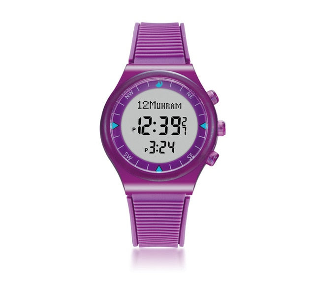 NEON COLOURED CASUAL SPORTY AZAN WRIST WATCH WITH PRAYER ALARM QIBLA AND HIJRI CALENDAR