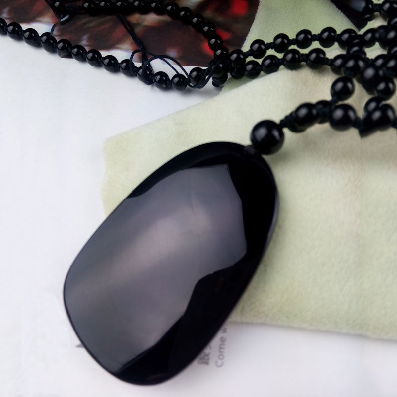 Allah in Arabic Natural Obsidian Gem Carving Pendant and Necklace